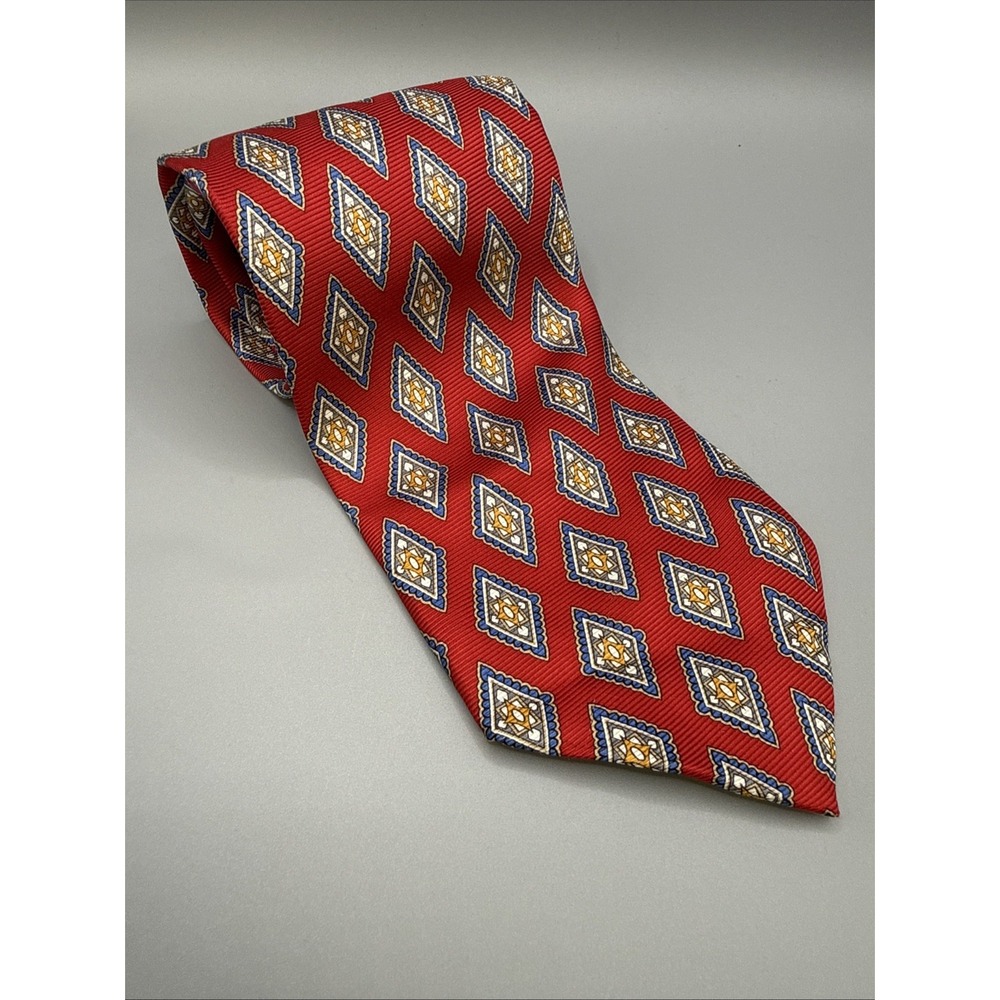 Jos A Bank Red Silk Neck Tie Red Geometric Pattern USA Made
